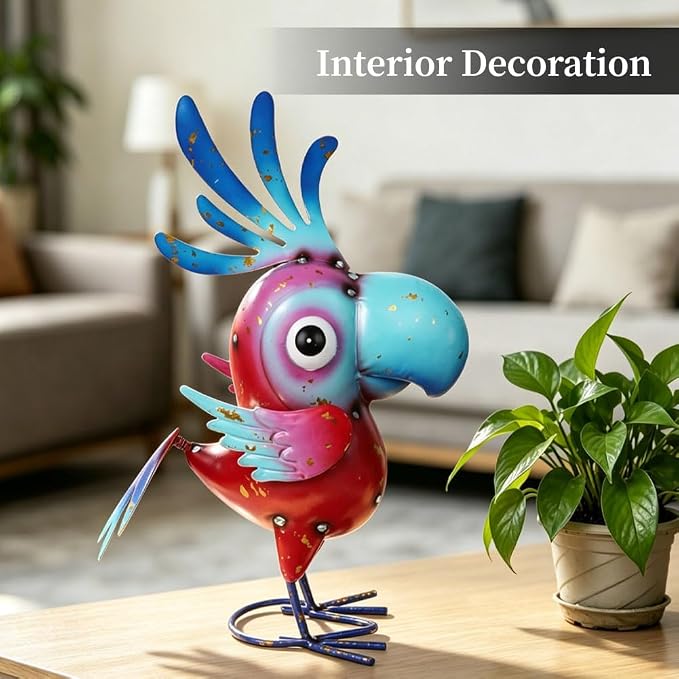 Metal Parrot Statue Outdoor Garden Decor,15" Bird Decor Yard Statue Decorations Outdoor,Funny Parrot Sculpture for Patio, Lawn, Backyard(Pink and Blue)
