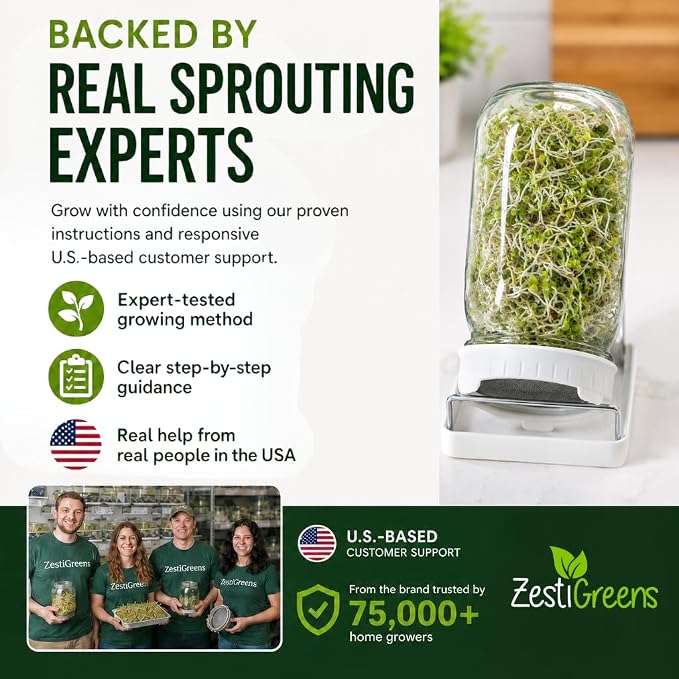 Sprouting Jar Kit - 2 Wide-Mouth Mason Jars with Stand and Sprout Lids | Green onion regrower, sprout lids and drain tray for growing broccoli, alfalfa and mung bean sprouts