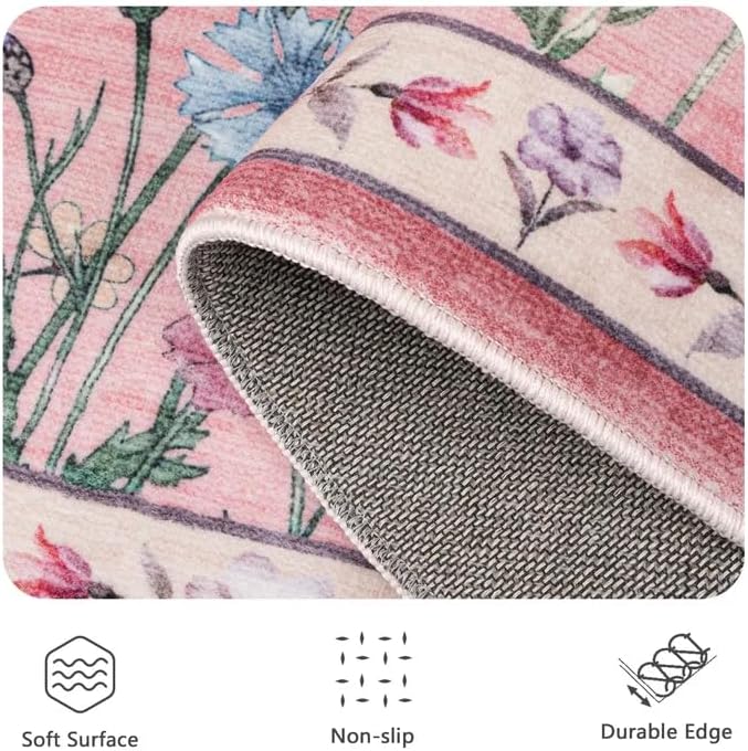 5x7 Area Rugs, Rugs for Bedroom, Indoor Non-Slip Washable Rug for Living Room, Dining Room, Low Pile Home Decor Floral Rug(Pink)