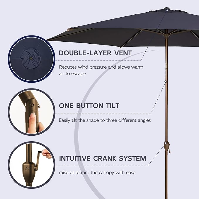 Abba Patio 11FT Outdoor Patio Umbrella Outdoor Table Umbrella with Crank Market Umbrella 6 Sturdy Ribs UV Protection Waterproof and Push Button Tilt for Garden Deck Backyard Pool,Dark Blue