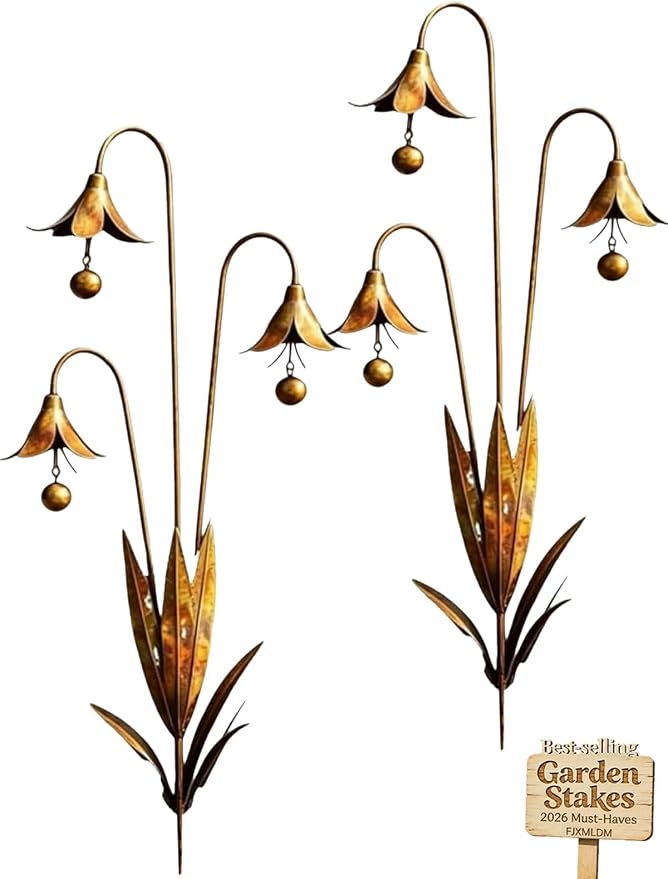 2026 New Triple Bluebell Garden Stake with Bells, Handmade 26inch Metal Rain Chimes Flower Plant Sculpture Yard Decorations Outdoor Rustic Wind Chime Ornament Gift for Walkways Patios Lawn