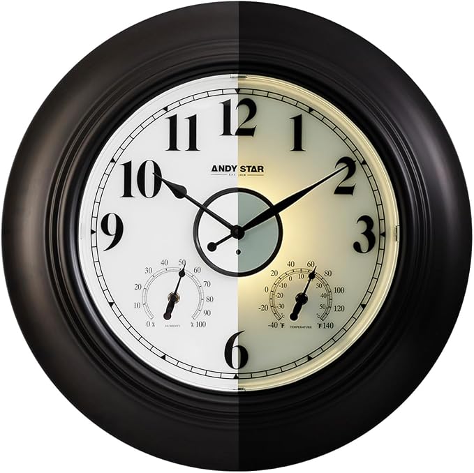 Andy Star 21 Inch Large Illuminated Outdoor Wall Clock Waterproof with Thermometer and Hygrometer, Oversized Battery Wall Clock for Patio Pool, Oil Rubbed Bronze Silent Non Ticking Clock for Garden