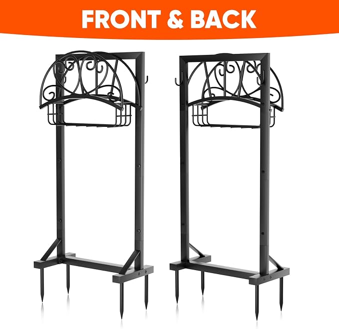 Stable Garden Hose Holder with Storage Basket and Tool Hooks, Heavy-Duty Water Hose Storage Metal Hose Hanger Holds 160Ft, Rustproof Freestanding Hose Holder for Outside,Yard,Lawn,Farm