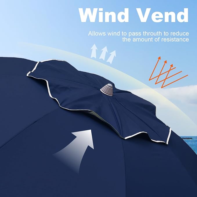 AMMSUN 7ft Beach Umbrella with Sand Anchor Sand Screw, Tilt, Windproof, Sun Protection,UPF 50+ Silver Coating Inside and Telescoping Pole for Outdoor Patio (Solid Navy)