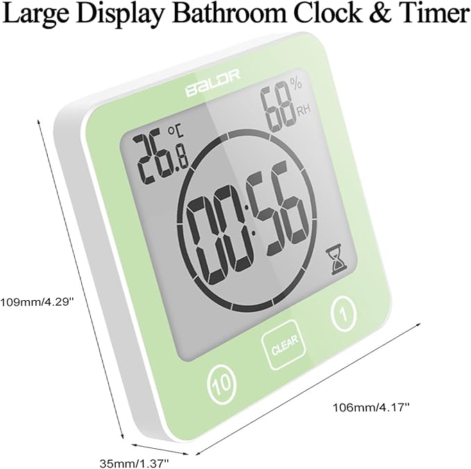 Digital Timer Waterproof Wall Clock, Kitchen Countdown Timer, Shower Clock with Temperature Humidity, Mirror Suction Cup Bathroom Timer, Wall Hanging for Bath Spa Basement Swimming Pool (Green)