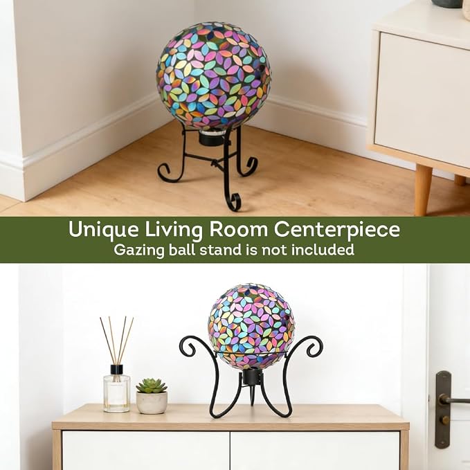 Lily's Home Colorful Mosaic Glass Gazing Ball, Designed with a Stunning Holographic Petal Mosaic Pattern to Bring Color and Reflection to Any Home and Garden, Leaves (10" Diameter)