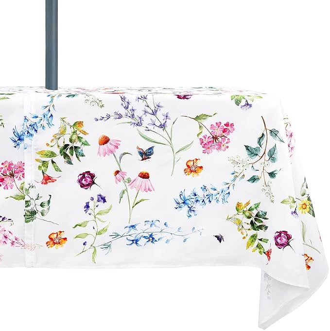 Outdoor Tablecloth with Umbrella Hole and Zipper, Patio Table Covers for Spring/Summer, Machine Washable Outdoor Party/Picnic Rectangle Table Cloth 60 x 102 in