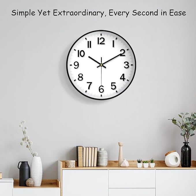 Modern Wall Clock, 10 Inch Digital Wall Clocks Battery Operated, Round Non Ticking Silent Analog Clock for Bedroom Living Room Kitchen Office Gym Classroom Decor,Black Battery Clock