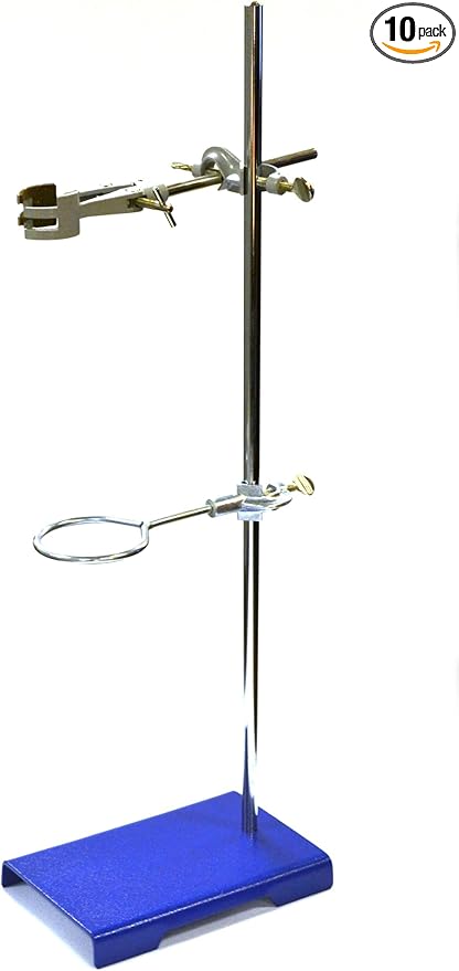 EISCO 10PK Chemical Resistant Steel Lab Stand Set - Support Stand (8" x 5"), 12mm Dia. Rod (23.6" L), Cork Lined Burette Clamp with Boss Head and Retort Ring (2.5" Dia)