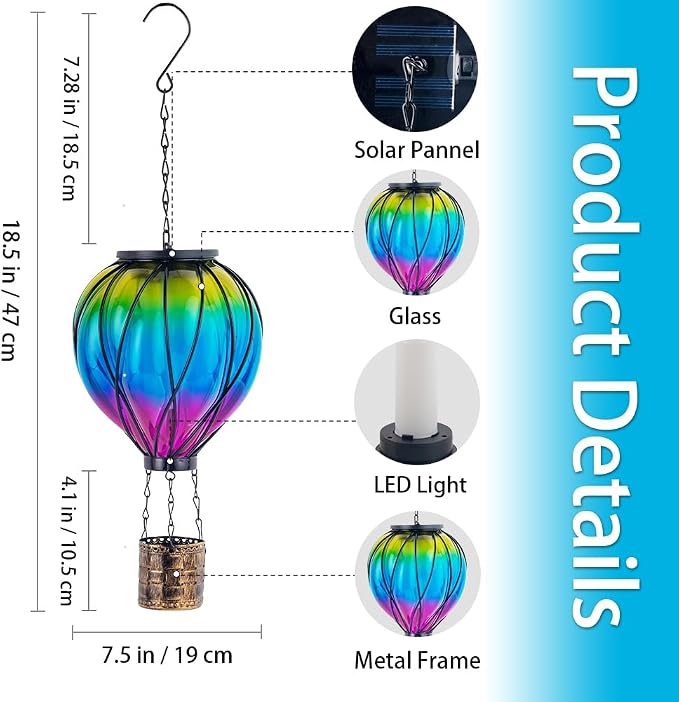 Gradient Color Solar Hot Air Balloon Outdoor Lantern with Flickering Flame Hanging Outdoor Lantern Waterproof Decorative Lantern Lamp for Patio, Garden, Porch | Handmade Glass, Flickering Flame, Waterproof, Decorative Outdoor Lantern, for Patio, Garden...