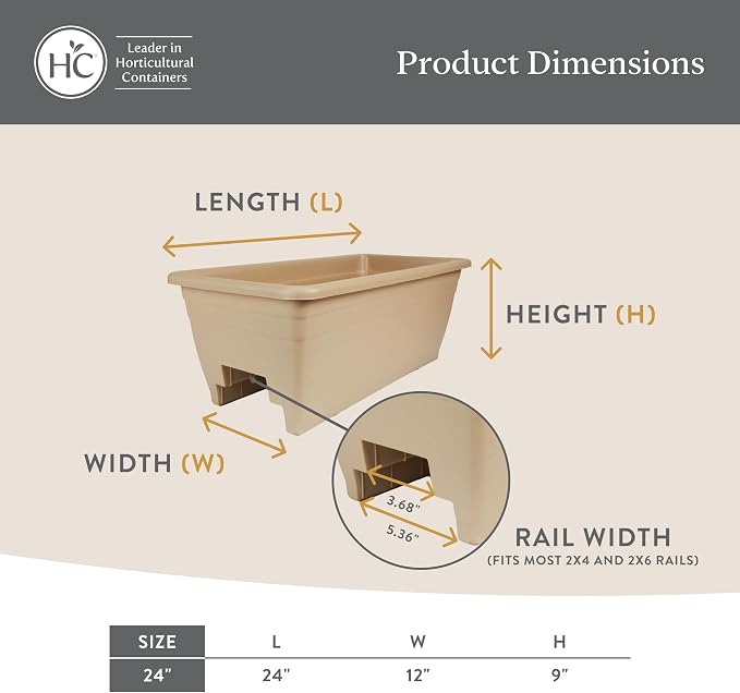 The HC Companies 24 Inch Deck Rail Planter Box with Drainage Plug, Lightweight UV-Resistant Plastic Outdoor Planters for Wood Deck Rail, Flower Box for Garden, Patio, Balcony, and Fence, Chocolate