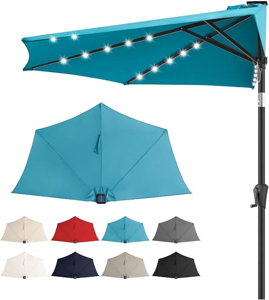 9FT Solar Half Umbrellas Outdoor - LED Half Patio Umbrella with 25 Lights, UV Protection Waterproof, Half Round Umbrella for Wall Balcony, Pool, Porch, Garden, Deck, Backyard, Aqua Blue