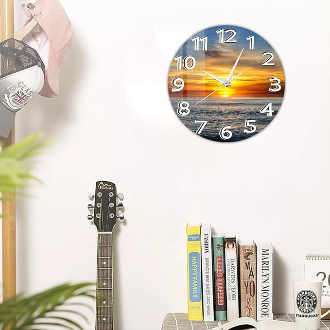 12 Inch Sunset Ocean Wall Clock, Beautiful Landscape Wall Art Clock Large Numbers Easy-to-Read Modern Decorative Silent Non Ticking Wall Watch Clock Battery Operated for Bedroom Living Room