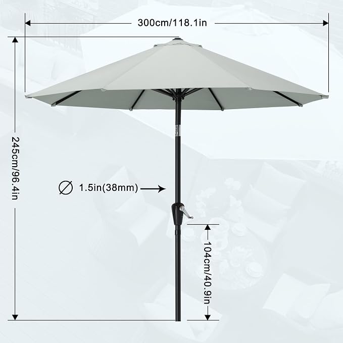 MASTERCANOPY 10FT Patio Umbrella with Push Button Tilt and Crank, Outdoor Market Umbrella with 8 Sturdy Ribs, UV Protection & Waterproof for Garden, Deck, Backyard, Pool (Light Gray)