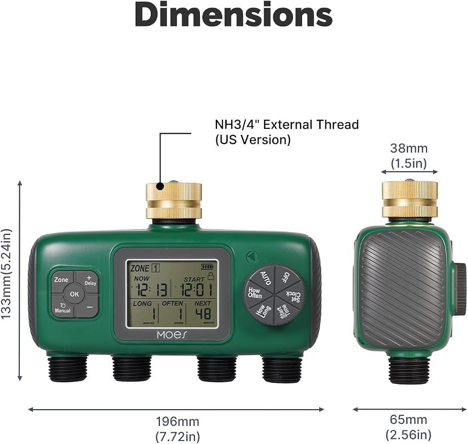 MOES 4 Outlet Sprinkler Timer, Brass Inlet, Programmable Automatic Irrigation Controller, Rain Delay, Manual Watering, 4 Zone Water Hose Timer for Gardens, Lawns, Hose Systems