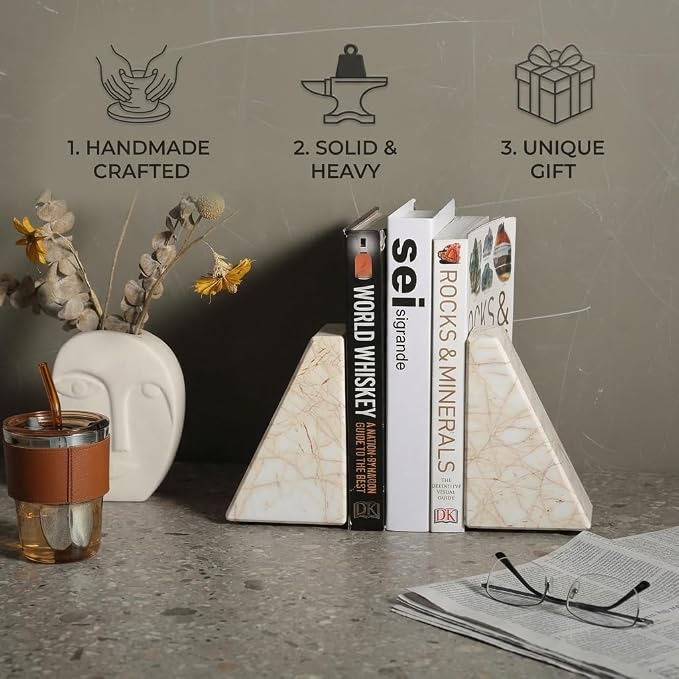 Koville Marble Bookends for Shelves, Large Bookends for Heavy Books, Natural Stone Book Stopper for Books CD Movies, Aesthetic Decorative Book Ends, Bookshelf Table Home Decor(Golden Spider)