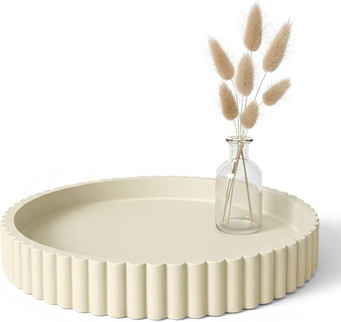 13" Round Concrete Decorative Centerpiece Tray for Coffee Table Cream | Modern minimalist centerpiece tray for coffee table, living room, dining & office storage display, sturdy tabletop home decor