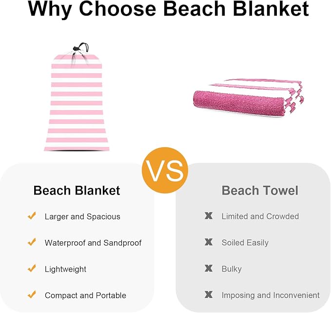 Beach Blanket Sandproof Waterproof,Extra Large Picnic Blanket 9 Ft X 10 Ft for 8 Adults with Stakes and Sand Pocket, Compact Lightweight Sand Free Beach Mat Essential- Pink Striped