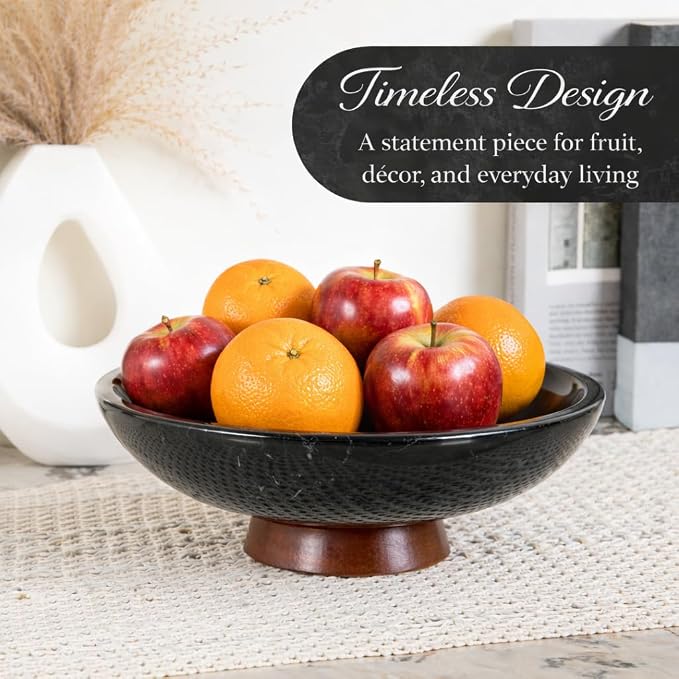 Decorative Marble Bowl Black - Handcrafted Natural Stone on Acacia Wood Pedestal - Versatile 10" Catch‑All Centrepiece for Home Decor - Entryway, Dining Table, Kitchen Fruit Bowl, Key Holder (Black)
