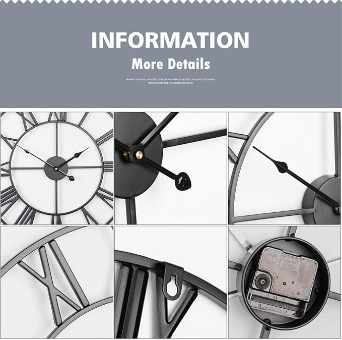 Antique Tower 30 inch Large Roman Numeral Wall Clock, Indoor Outdoor Patio Waterproof Oversized Decorative Contemporary Clock, Antique Black Metal Wall Clock Battery Operated Retro Art Hanging Clock,3