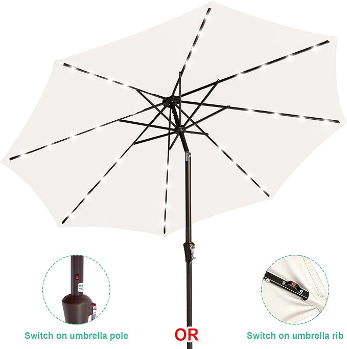 JEAREY 9FT Outdoor Patio Umbrella with Solar Lights, LED Lighted Pool Umbrella with Tilt and Crank, Outdoor Table Umbrellas for Deck, Yard & Market (Cream White)