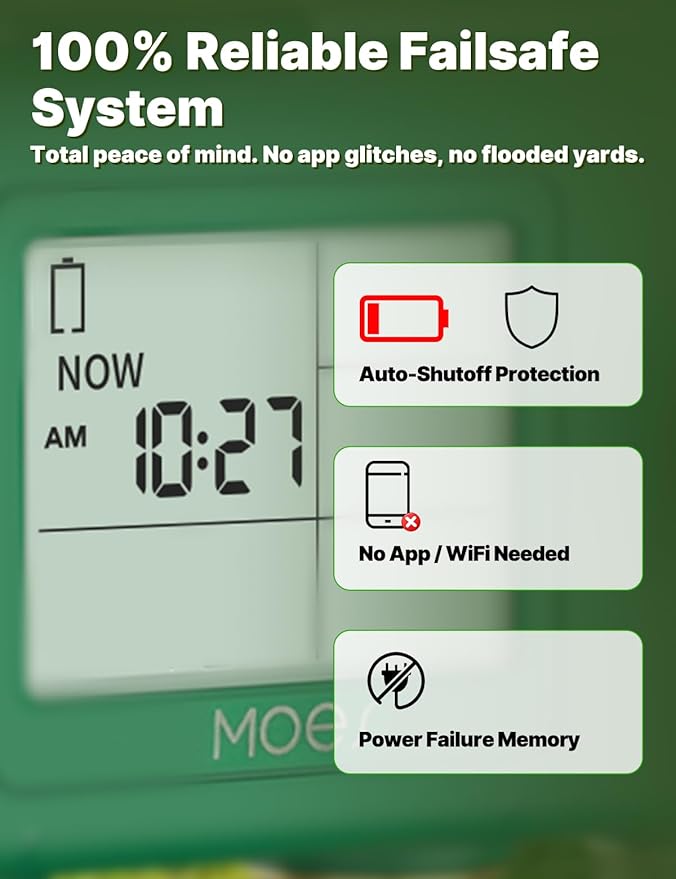 MOES 4 Zone Water Timer for Garden Hose, 1 in Inlet with 3/4 in Adapter, Brass Outlets, Battery Operated Sprinkler Timer, 4 Way Faucet Valve, Sequential Watering, Rain Delay, Non-WiFi