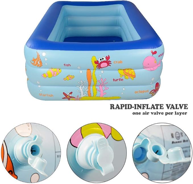 Inflatable Pool with Inflatable Soft Floor, Kiddie Pool 59" x 43" x 20" Ocean World Kids Swimming Blow Up Pool for Kids, Backyard, Garden, Outdoor, Party