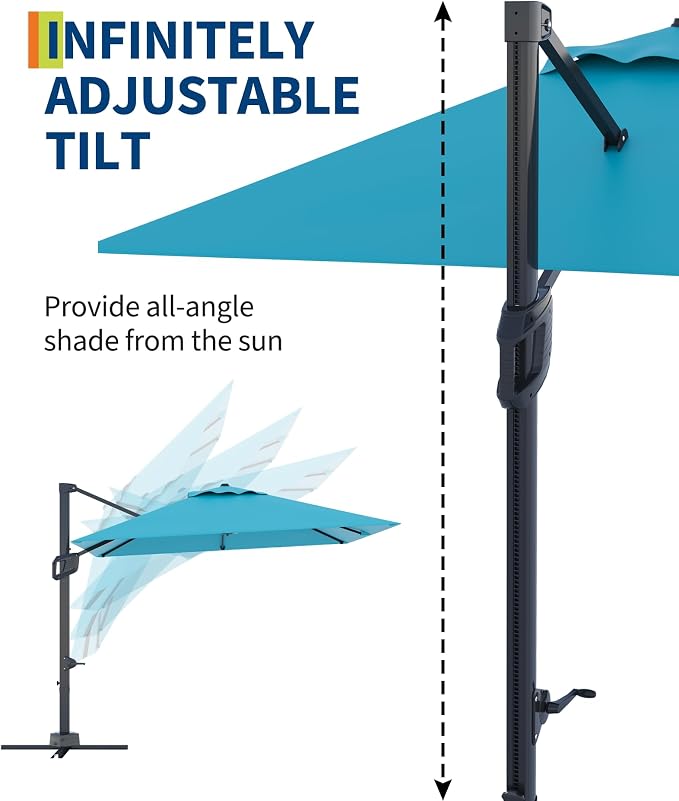 PeakPursuit 10' x 10' Square Cantilever Umbrella - Heavy Duty Aluminum Patio Sun Shade Offset Umbrella with 360-Degree Rotation for Outdoor Decor, Backyard, Deck, Pool