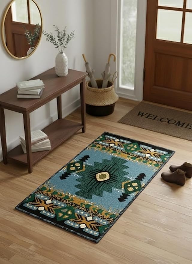 YHSF South West Native American Area Rug C318 - Easy Clean, Thick, Soft, Durable Native Tribal American Indian Inspired Rug for Bedroom/Living Room and More - Blue-Green, 16 Inches x 28 Inches