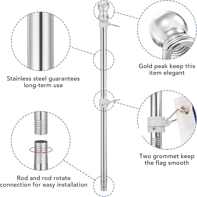 Yeesun Flag Pole,6FT American Flag Pole & Bracket-Suitable for 3 x 5 Flags Holder for House Porch & Outdoor,Tangle Free and Wall Mount Flag Pole Kit (Without Flag,Silver)