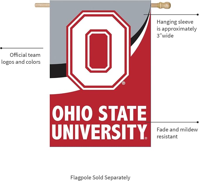 NCAA Ohio State University House Flag, 28 x 44, Double Sided Garden Flags for Outside, Outdoor College Flags & Banners for Gardens Patio, Indoor Wall Decor Flag for Room