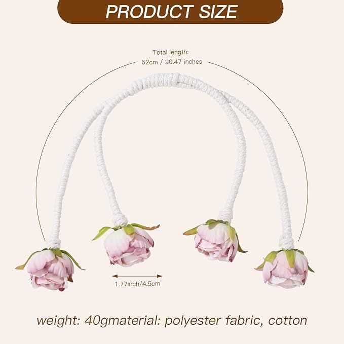 Decorative Rose Curtain Tieback with Artificial Flowers, Pink Roses on White Twisted Rope, Decorative Curtain Accessories, Elegant Window Treatment 4pcs (4)