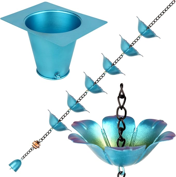 8.2FT Wrought Iron Rain Chain, Blue with Purple Accents, 16 Flower Cups, Gutter Adapter & Decorative Bell, Outdoor Garden Decor
