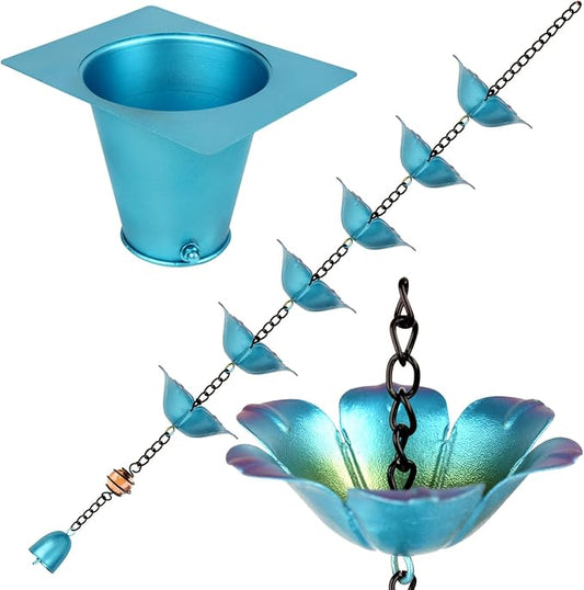 8.2FT Wrought Iron Rain Chain, Blue with Purple Accents, 16 Flower Cups, Gutter Adapter & Decorative Bell, Outdoor Garden Decor