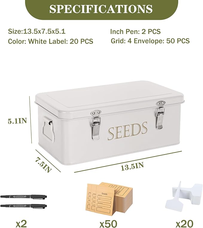 ECOPARK Seed Storage Box, Professional All-in-one Kit with 2 Pens, 20 Plant Labels and 50 Seed Envelopes, Metal Storage Organizer, Saving Box, Seed Packet Container, Large, White