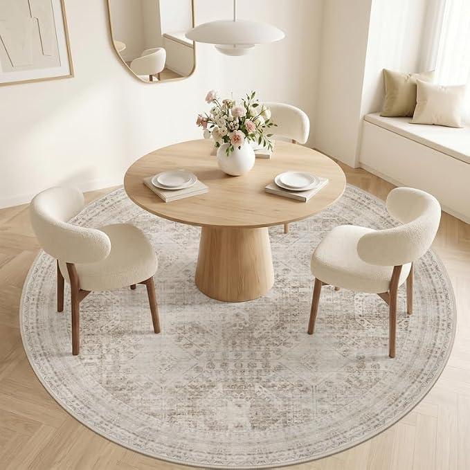 Round Area Rug Living Room: 6ft Neutral Washable Carpet Rug Brown | Vintage Boho Circle Soft Large Circular Carpet Bedroom Nursery Farmhouse Dining Room Indoor Decor Floor Non-Slip Under Table