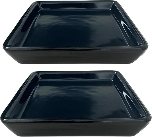 Square Ceramic Plant Saucer Tray 2 Pcs 4 Inch Black, 4.8" OD x3.9 ID x0.7 Deep| Sturdy Heavy Duty Glazed Planter Drip Flower pots with Catch Basin for Indoor Outdoor Plants(4" Black)