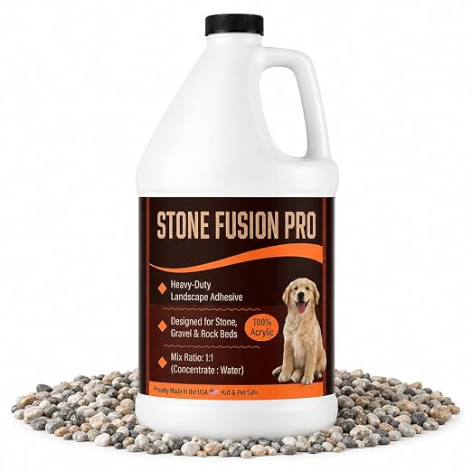 Stone Fusion Pro Stone Glue, 1 Gallon – Heavy-Duty Landscape Adhesive for Decorative Stone, Gravel & Rock Beds, 100% Acrylic Rock Binder, 1:1 Mix, Kid & Pet Safe, Made in USA