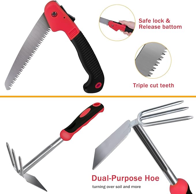 Red Gardening Tools, WisaKey 9 Piece Stainless Steel Heavy Duty Garden Tools with Non-Slip Ergonomic Handle, Garden Tote Bag, Garden kit, Gardening Gifts for Women Mothers