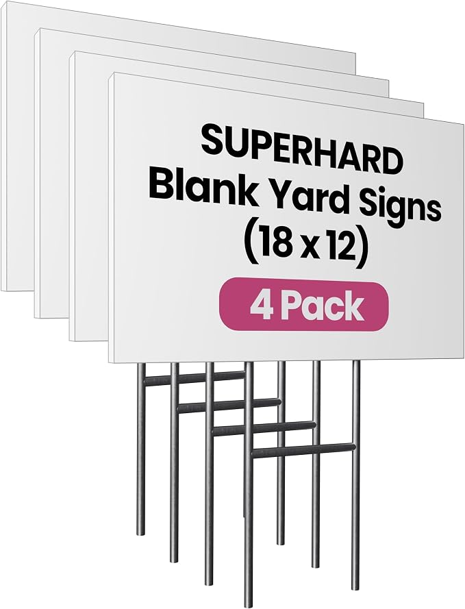 PartyPrints 4 Pack 18 x 12 White Blank Yard Signs with Metal Stakes, Waterproof Corrugated Plastic Signs for Rent, Sale, Party, Birthdays, DIY, Event, Advertising, Garden, Blank Lawn Signs for Outside