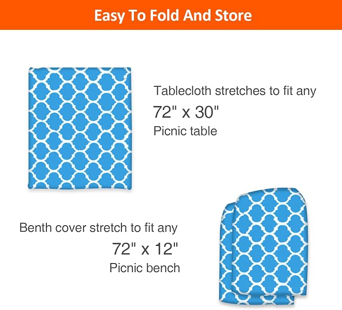 6ft Picnic Table and Bench Cover, Camping Essentials RV Gear, 72 in Waterproof Windproof Outdoor Elastic All Around Tablecloth, Fitted Rectangle Tables and Seats, Blue-White Moroccan