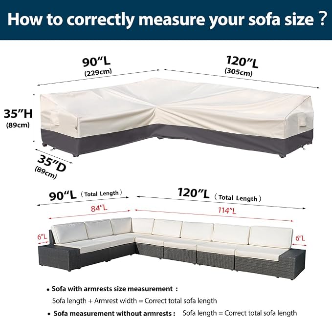 Outdoor Sectional Cover Patio Furniture Covers Waterproof Rip-Stop Anti-UV 600D Heavy Duty Couch Sofa Cover with 3 Air Vent (Beige & Charcoal, L-Shaped-90''X120'')