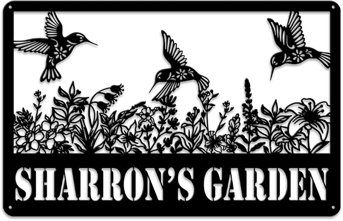 MeMate Hummingbird Garden Signs, Flowers Garden Signs to Personalize, Personalized Metal Signs Hummingbird, Customized Name Wall Art for Garden Outdoor Decor, Large Outdoor Plaque Sign for She Shed
