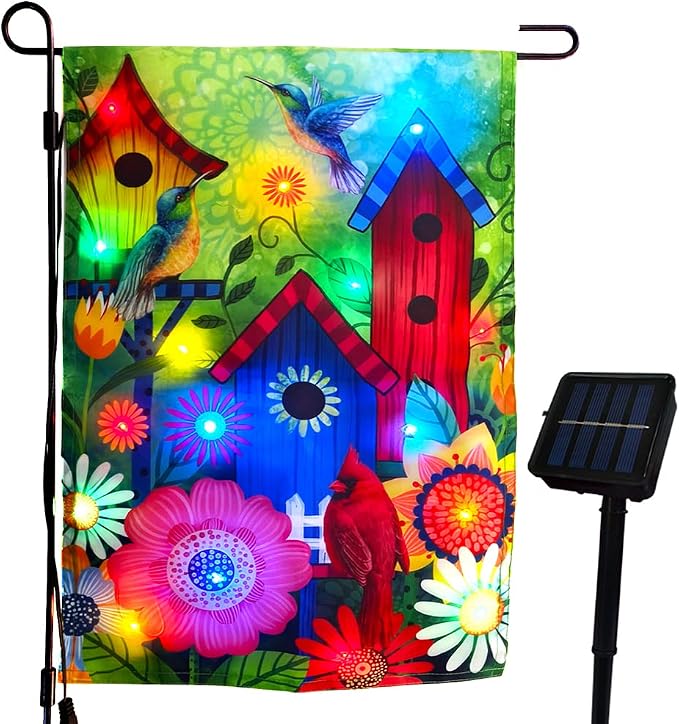 Welcome Lighted birds garden flags 12X18 double sided solar | small yard flag, lawn home spring solar decoration