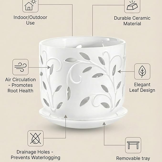 EFISPSS Ceramic Orchid Pots 5+6 Inch White with Drainage Holes & Tray, Breathable Airflow, Indoor & Outdoor