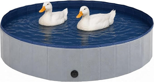 Foldable Duck Pool: Portable Hard Shell Duck Pond for Ducks Dogs Cats 39.4x11.8 Inch Collapsible Pet Bath Tub Indoor Outdoor Use (Gray and Dark Blue, 100in*30in)