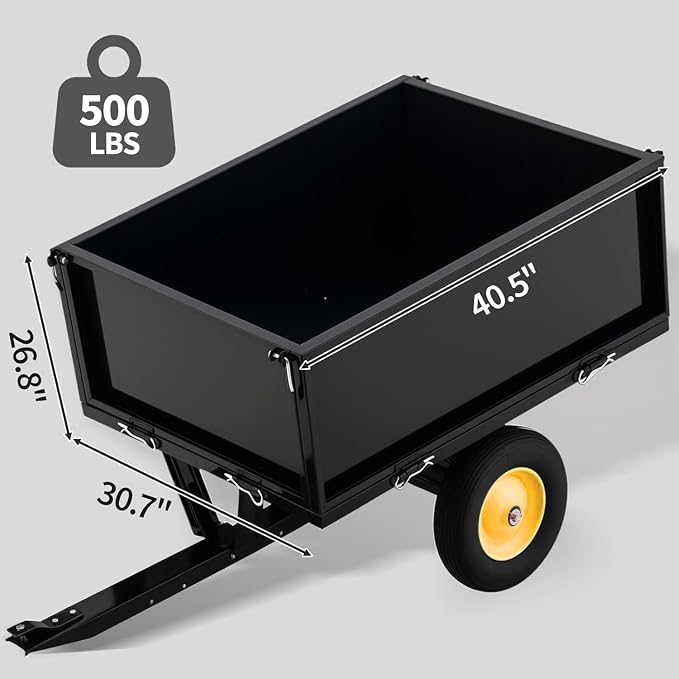 500 LBS Heavy-Duty Steel Dump Cart,Tow-Behind ATV & Lawn Tractor Utility Trailer with Removable Tailgate, 17 Cu.Ft Capacity Garden Cart for Lawn, Garden, Landscaping & Hauling, Fits ATV, UTV