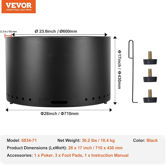 VEVOR Smokeless Fire Pit Stove Bonfire, H: 17 in x Dia: 28 in,Wood Burning Fireplaces with Removable Ash Pan, SUS430 Stainless Steel Inner Portable Outdoor Firepit,for Outdoor Patio Camping, Black