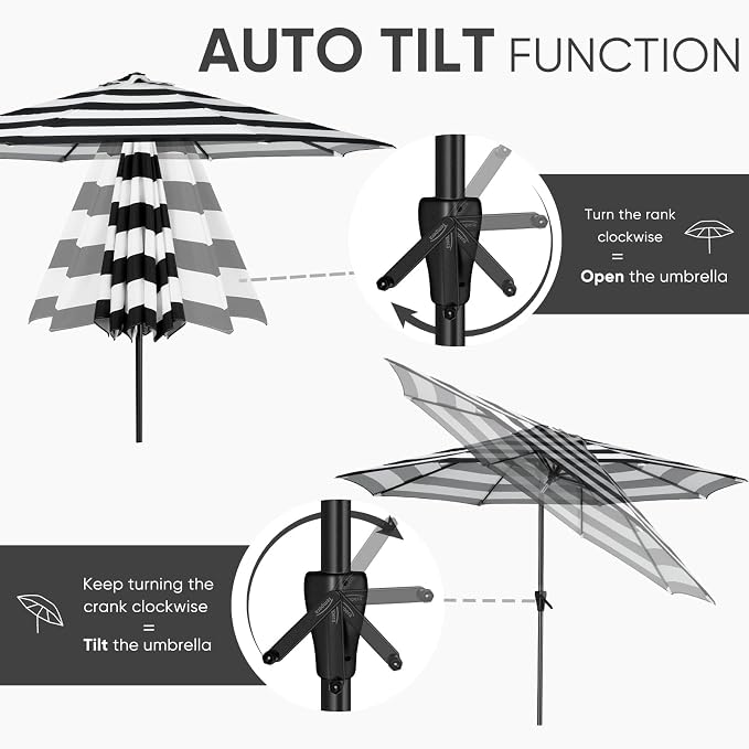 Tempera Patio Market Outdoor Table Umbrella with Auto Tilt and Crank, Large Sun Umbrella with Sturdy Pole & Fade Resistant Canopy, Easy to Set