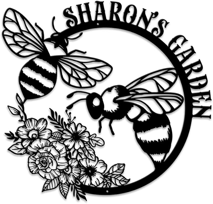 MeMate Bee Garden Sign, Metal Garden Signs to Personalize, Personalized Metal Signs, 8" - 24" Large Sign for Vegetable Garden Flowers She Shed Mom Grandma, Customized Name Wall Art for Outdoor Décor